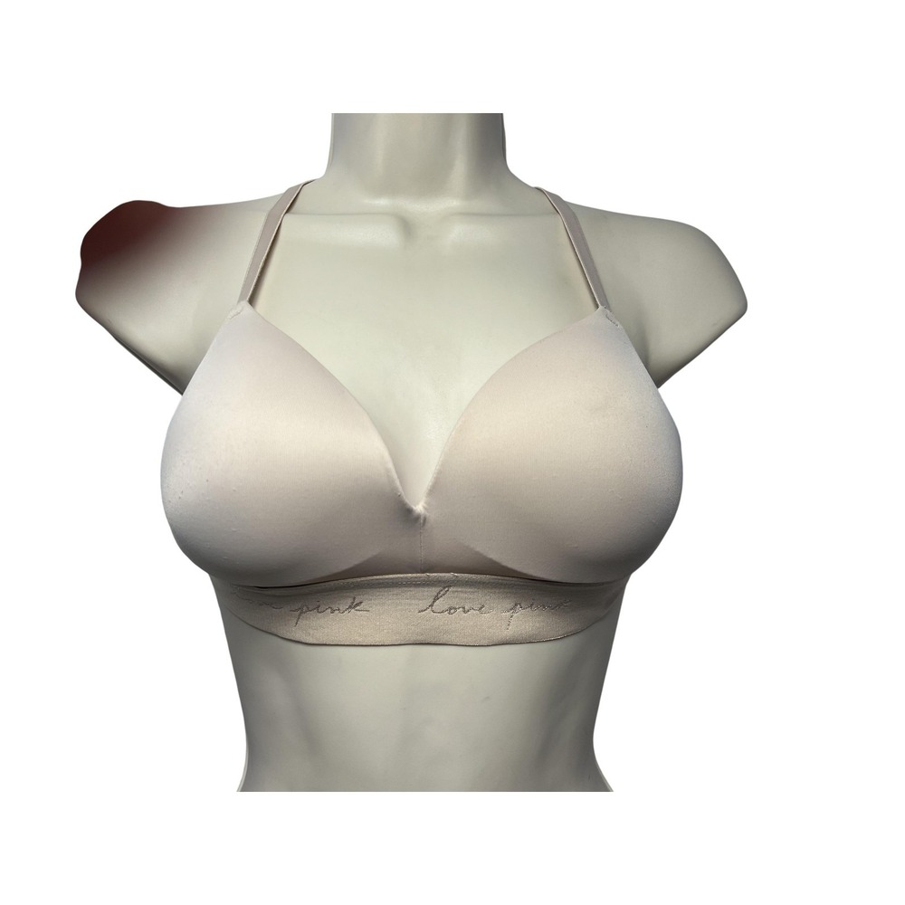 PINK Bra Womens 32C Beige Wireless Push Up Padded Plunge Crossback Logo‎